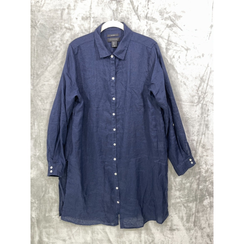 TAHARI 100% Linen Tunic Shirt Women's L Navy Long Sleeve Relaxed Coastal Collar